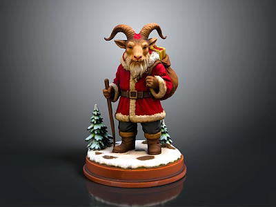 Goat Santa Claus Figurine With Red Outfit Staff Bag And Snowy Base With Small Trees 3d model