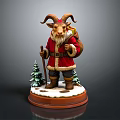 Goat Santa Claus Figurine With Red Outfit Staff Bag And Snowy Base With Small Trees