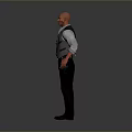Bald Male Character Standing In Gray Vest Light Blue Rolled Sleeves Gun Holster Brown Boots