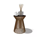 Brown Woven Round Side Table With Reed Diffuser And Decorative Bottles 3d model