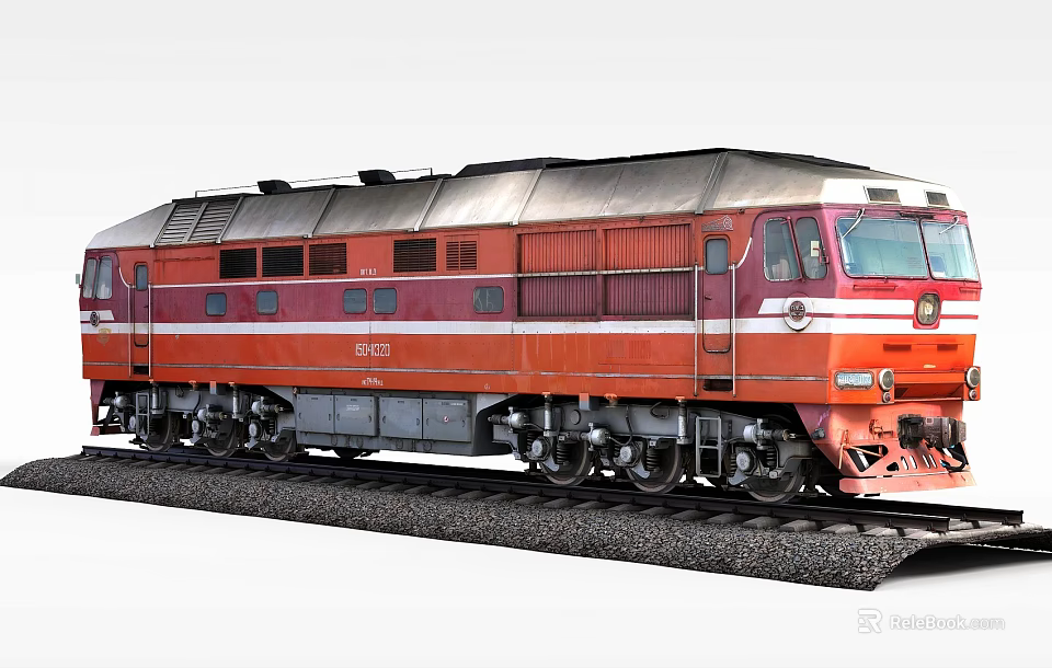 Red Vintage Diesel Train With White Stripes On Railway Tracks 3d model 