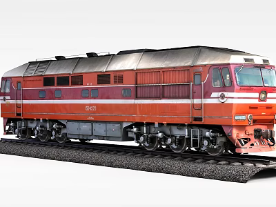 Red Vintage Diesel Train With White Stripes On Railway Tracks 3d model