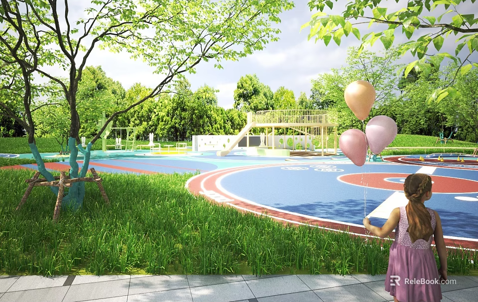 Park Landscape With Blue Red Track Green Grass Trees And Girl Holding Pink Yellow Balloons 3d model 