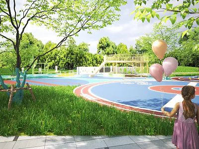 Park Landscape With Blue Red Track Green Grass Trees And Girl Holding Pink Yellow Balloons 3d model