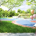 Park Landscape With Blue Red Track Green Grass Trees And Girl Holding Pink Yellow Balloons