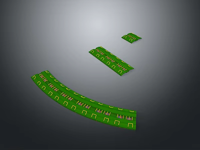 Green Curved and Rectangular Circuit Boards Featuring Electronic Components and Patterns 3d model
