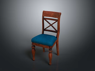 Wooden Chair With Cross Back Design Blue Upholstered Seat And Carved Legs 3d model