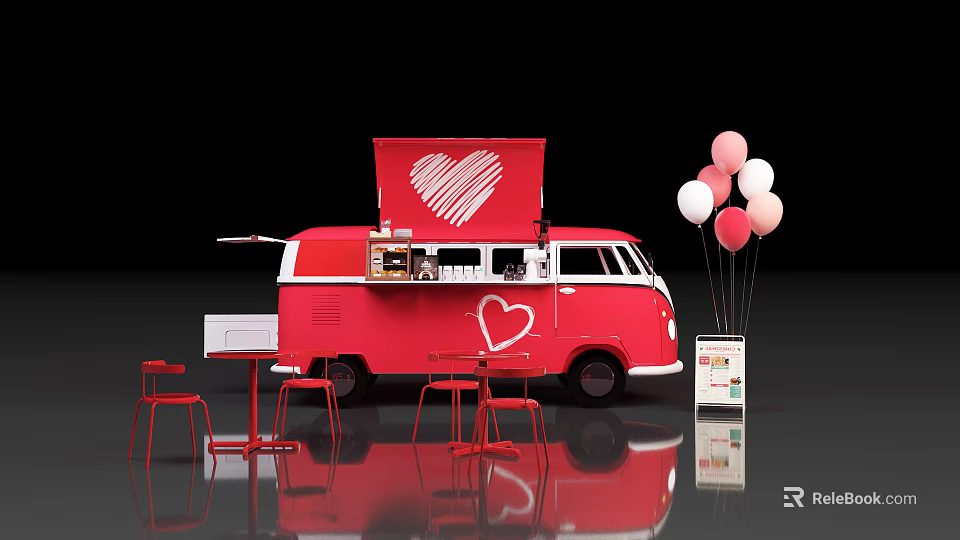 Red Food Truck With Heart Design Tables Chairs And Balloons 3d model 