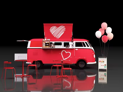 Red Food Truck With Heart Design Tables Chairs And Balloons 3d model