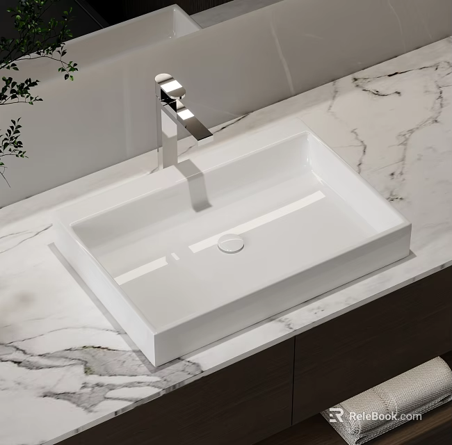 Square White Ceramic Wash Basin in Modern Bathroom with Silver Faucet and Marble Countertop 3d model 