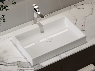 Square White Ceramic Wash Basin in Modern Bathroom with Silver Faucet and Marble Countertop 3d model