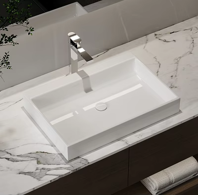 Square White Ceramic Wash Basin in Modern Bathroom with Silver Faucet and Marble Countertop 3d model