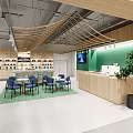 Modern Retail Store Interior With Green Wall Logo Wooden Counter And Product Displays