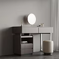 Minimalist Gray Vanity Table With Round Mirror Drawers Shelf And Beige Stool 3d model