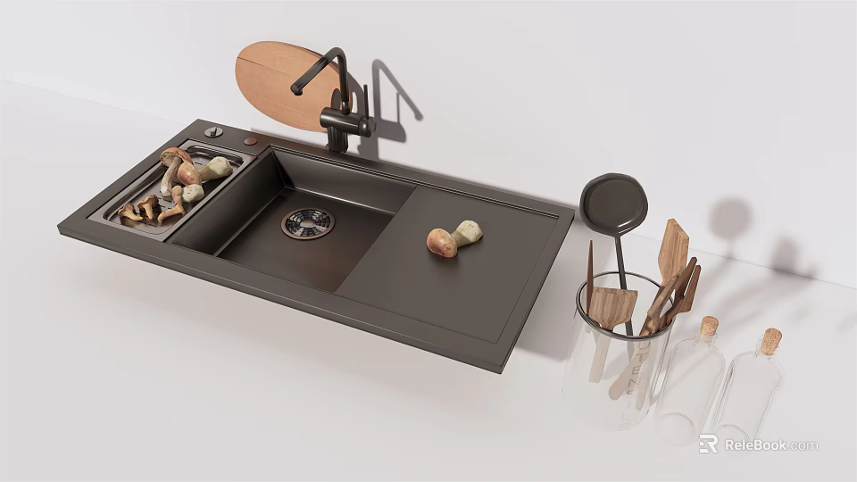 Modern Double Bowl Kitchen Sink With Quartz Material Faucet Wooden Cutting Board And Utensils Holder 3d model 