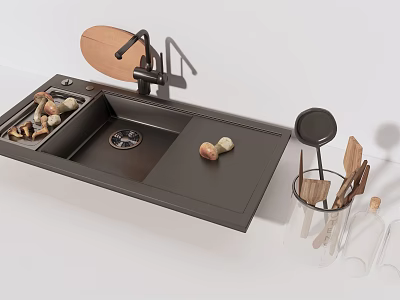 Modern Double Bowl Kitchen Sink With Quartz Material Faucet Wooden Cutting Board And Utensils Holder 3d model