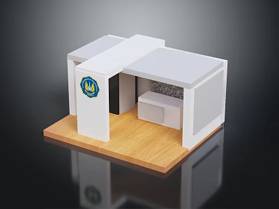 Interior Booth Scene With White Structure Wooden Floor Blue Logo Pillar And Gray Backdrop 3d model