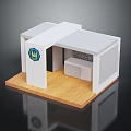 Interior Booth Scene With White Structure Wooden Floor Blue Logo Pillar And Gray Backdrop 3d model