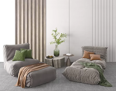 Gray Bean Bag Sofa With Green Orange Cushions Blanket And Side Table Green Plant 3d model