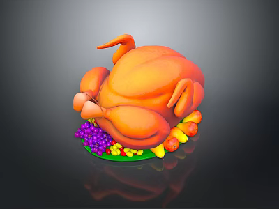 Golden Roast Turkey Served With Fresh Fruits And Vegetables On Platter 3d model