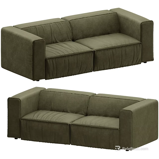 Two Seater Sofa In Olive Green Fabric With Tufted Cushions And Modern Sleek Design 3d model 