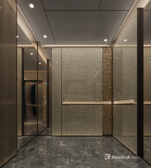 Modern Elevator Corridor With Textured Walls Mirrors And Recessed Lighting 3d model