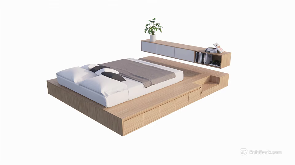 Modern Wooden Platform Bed With Storage Drawers And Floating Nightstand Plant And Books 3d model 