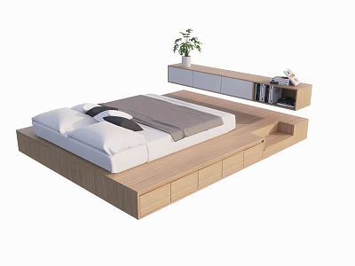 Modern Wooden Platform Bed With Storage Drawers And Floating Nightstand Plant And Books 3d model