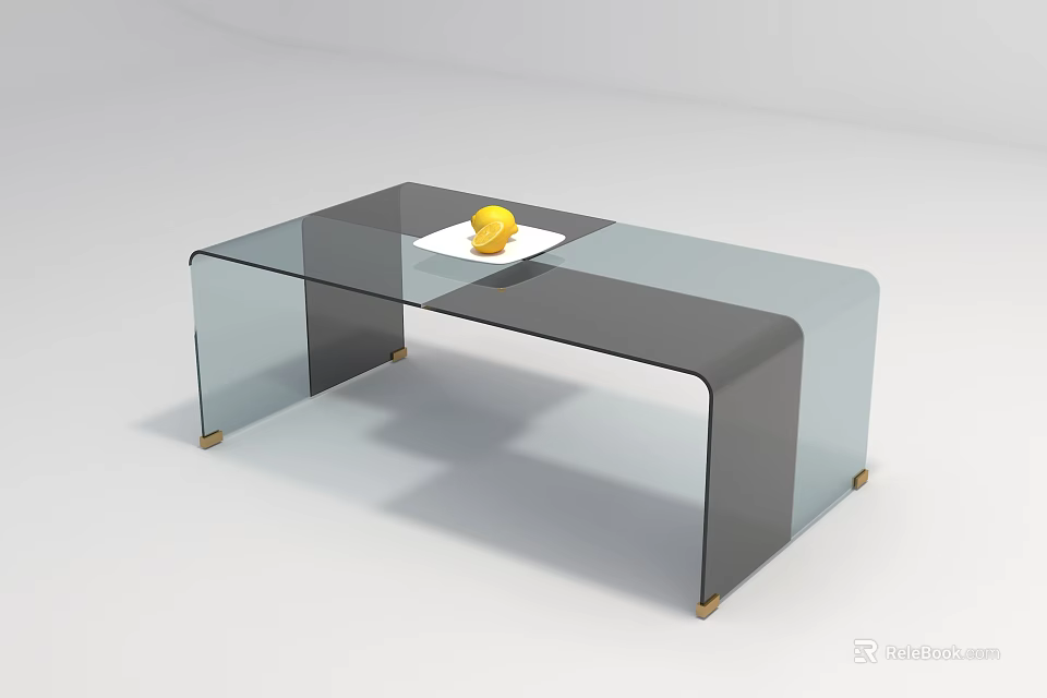 Modern Glass Coffee Table With Golden Legs And Yellow Fruit On White Plate 3d model 