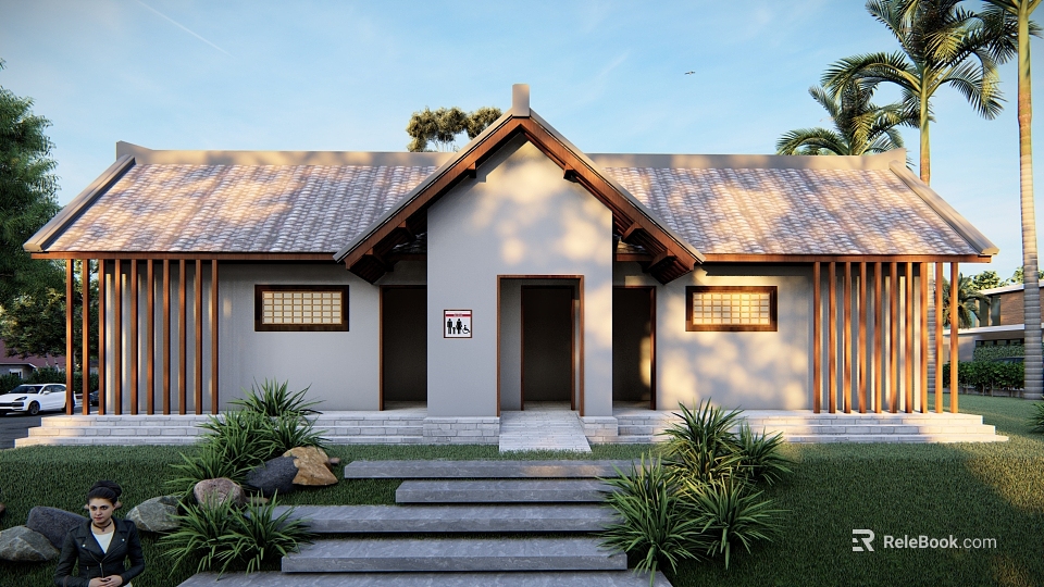 Traditional House Exterior With Gray Walls Brown Roof Wooden Accents Front Steps Greenery Stones 3d model 