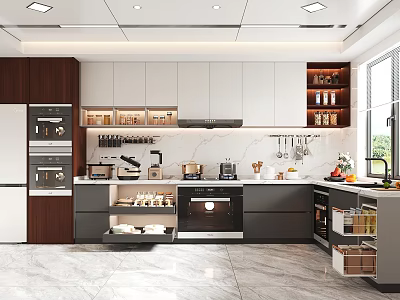 Modern Kitchen Interior With Dark Wood And White Cabinets Countertop And Appliances 3d model