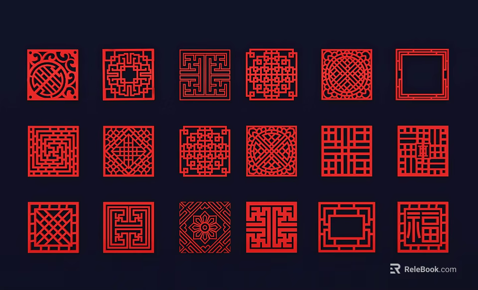 Chinese Traditional Wall Decor Featuring Red Carved Geometric Square Patterns on Dark Blue 3d model