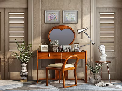Elegant Wooden Dressing Table With Round Mirror Table Lamp Chair Wall Art And Decorative Vases 3d model