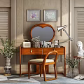 Elegant Wooden Dressing Table With Round Mirror Table Lamp Chair Wall Art And Decorative Vases