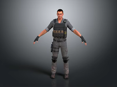 Tactical Human Character In Gray Combat Outfit With Vest Knee Pads And Gloves Standing Pose 3d model