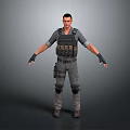 Tactical Human Character In Gray Combat Outfit With Vest Knee Pads And Gloves Standing Pose