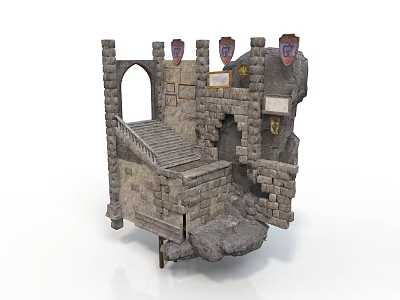 Realistic style medieval castle castle stone castle shield steps staircase arch castle historic building medieval style western ancient building 3d model