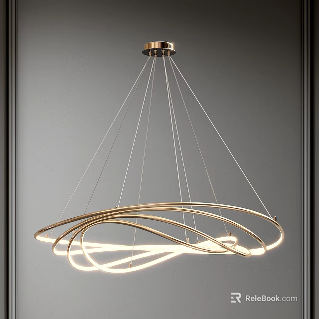 Modern Golden Curved Ring Chandelier Hanging With Thin Wires For Interior Design 3d model 