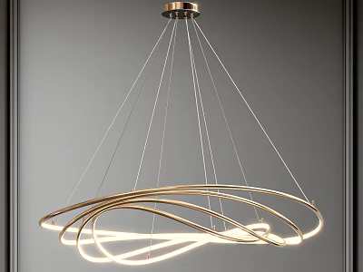 Modern Golden Curved Ring Chandelier Hanging With Thin Wires For Interior Design 3d model