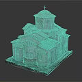 Cartoon Style Church Scene With Red Roof Tiles Domes Cross Stone Walls And Arched Windows