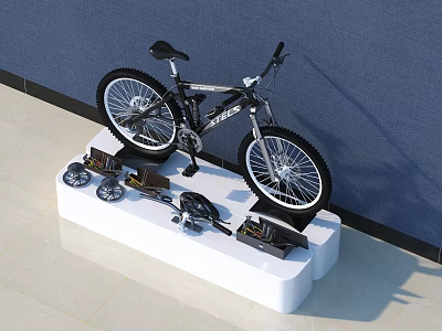 Black Mountain Bike Display On White Stand With Parts And Accessories 3d model