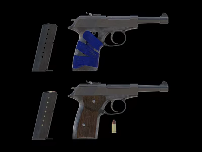Detailed View Of Two Pistols With Blue Components Wooden Grip Magazines And Bullet 3d model