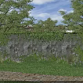Garden Landscape Featuring Ivy Covered Stone Wall Lush Trees Flowers And Stone Path