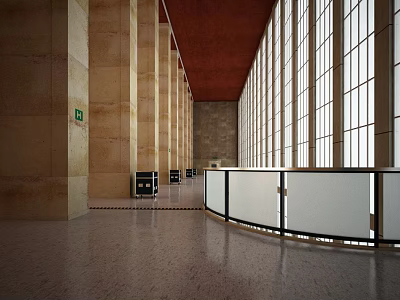 Modern Shopping Mall Lobby Interior Design With Tall Columns Large Windows And Polished Floor 3d model
