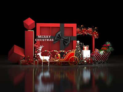 Festive Christmas Decorative Scene with Red Gift Boxes Black Bow Reindeer Sleigh and Tree 3d model