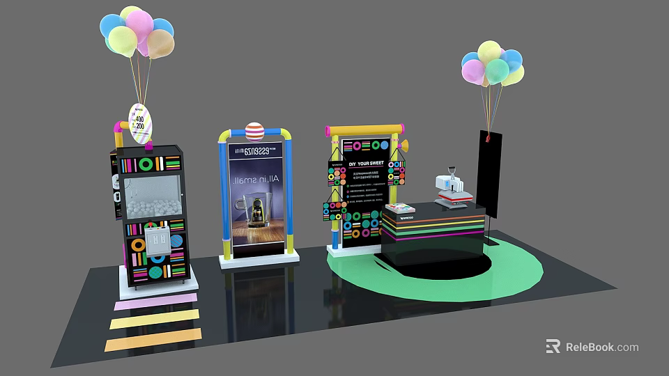 Interactive Zone Setup With Colorful Balloons Decorative Display Stands And Information Boards 3d model 