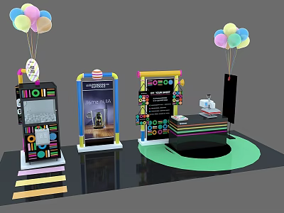 Interactive Zone Setup With Colorful Balloons Decorative Display Stands And Information Boards 3d model