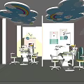 Pediatric Dental Clinic Interior Design With Dental Chairs Cartoon Clouds Rainbow And Cactus