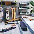Skateboards with Colored Wheels Displayed on Wall Racks and Floor 3d model