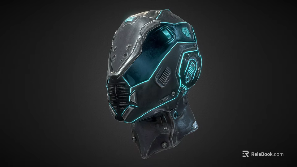 Futuristic Mechanical Helmet Design With Blue Glowing Lines And Armored Details 3d model 